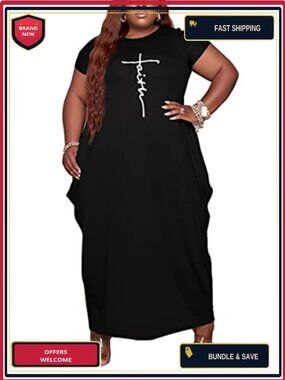 Plus Size Maxi Dress with Pockets, Short Sleeve Casual Loose Beach Tunic Dress
